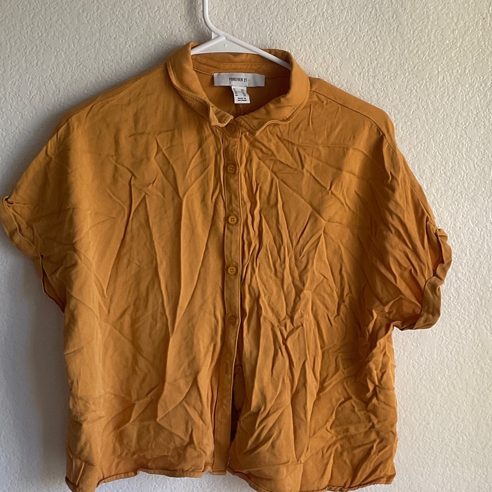 Forever 21 Plus Mustard Yellow Short Sleeve Button Down Rayon Shirt 0X Plus Size